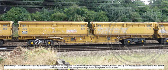 501370 MRA(F) ) 56.7t Network Rail Side Tip Ballast inner wagon Tare 33-230kg [Des code MR006D built Astro Vagoane,Trinity Rail, Romania 2004] @ York Holgate Junction 2023-08-17 © Paul Bartlett w