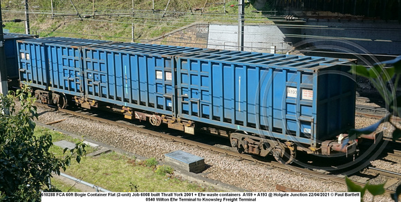 610288 FCA 60ft Bogie Container Flat (2-unit) Job 6008 built Thrall York 2001 + Efw waste containers  A159 + A193 @ Holgate Junction 2021-04-22 © Paul Bartlett w