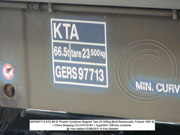 GERS97713 KTA 66.5t 'Pocket' Container Wagons Tare 23-500kg [Built Rautaruukki, Finland 1997-8] + China Shipping CCLU7415184 1 @ York station 2017-06-07 © Paul Bartlett [2]
