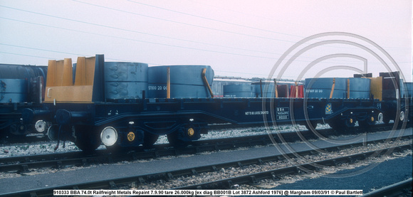 910333 BBA 74.0t Railfreight Metals Repaint 7.9.90 tare 26.000kg [ex diag BB001B Lot 3872 Ashford 1976] @ Margham 91-03-09 © Paul Bartlett w