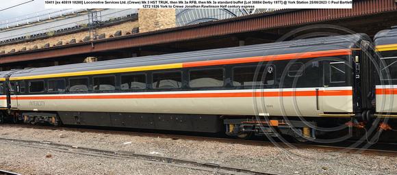 10411 [ex 40519 10200] Locomotive Services Ltd. (Crewe) Mk 3 HST TRUK, then Mk 3a RFB, then Mk 3a TSOB2 [Lot 30884 Derby 1977] @ York Station 2023-08-25 © Paul Bartlett w