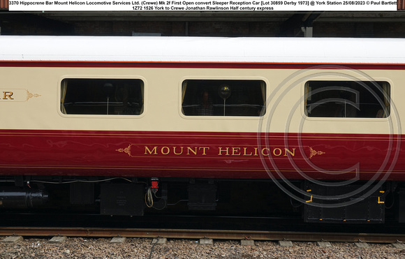 3370 Hippocrene Bar Mount Helicon Locomotive Services Ltd. (Crewe) Mk 2f First Open convert Sleeper Reception Car [Lot 30859 Derby 1973] @ York Station 2023-08-25 © Paul Bartlett [3w]