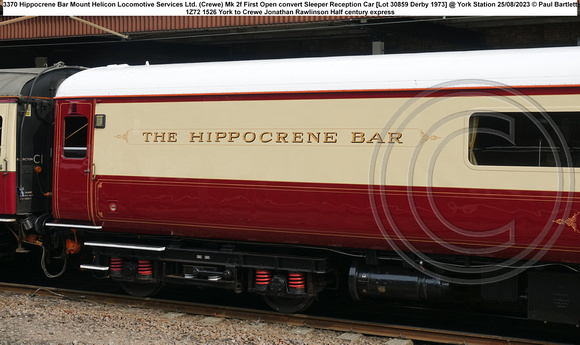 3370 Hippocrene Bar Mount Helicon Locomotive Services Ltd. (Crewe) Mk 2f First Open convert Sleeper Reception Car [Lot 30859 Derby 1973] @ York Station 2023-08-25 © Paul Bartlett [2w]