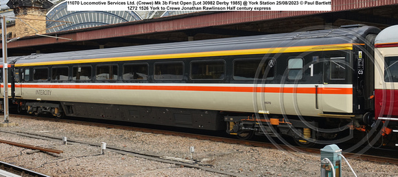 11070 Locomotive Services Ltd. (Crewe) Mk 3b First Open [Lot 30982 Derby 1985] @ York Station 2023-08-25 © Paul Bartlett [2w]