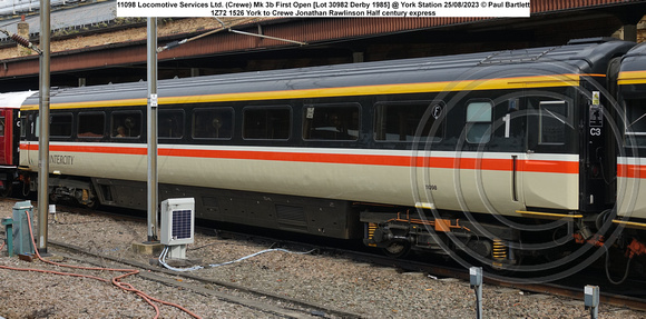 11098 Locomotive Services Ltd. (Crewe) Mk 3b First Open [Lot 30982 Derby 1985] @ York Station 2023-08-25 © Paul Bartlett [1w]