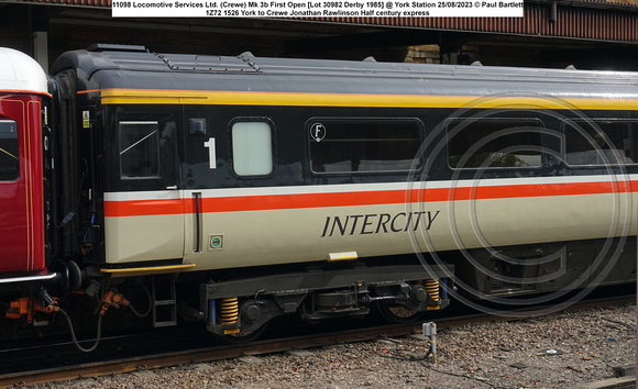11098 Locomotive Services Ltd. (Crewe) Mk 3b First Open [Lot 30982 Derby 1985] @ York Station 2023-08-25 © Paul Bartlett [2w]
