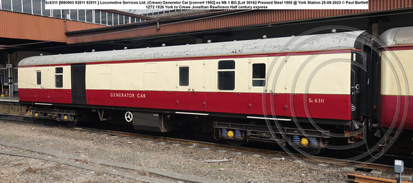 Sc6311 [M80903 92011 92911 ] Locomotive Services Ltd. (Crewe) Generator Car [convert 1992] ex Mk 1 BG [Lot 30162 Pressed Steel 1958 @ York Station 2023-08-25 © Paul Bartlett w