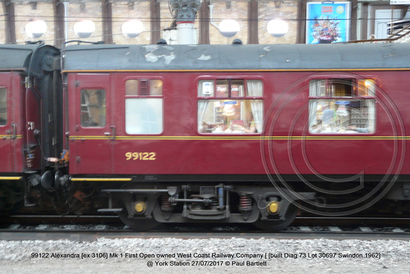 99122 Alexandra [ex 3106] Mk 1 First Open West Coast Railway Company [ [built Diag 73 Lot 30697 Swindon 1962] @ York Station 2017-07-27 © Paul Bartlett [3w]