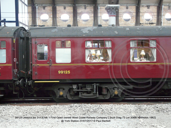 99125 Jessica [ex 3113] Mk 1 First Open West Coast Railway Company [ [built Diag 73 Lot 30697 Swindon 1962] @ York Station 2017-07-27 © Paul Bartlett [2w]