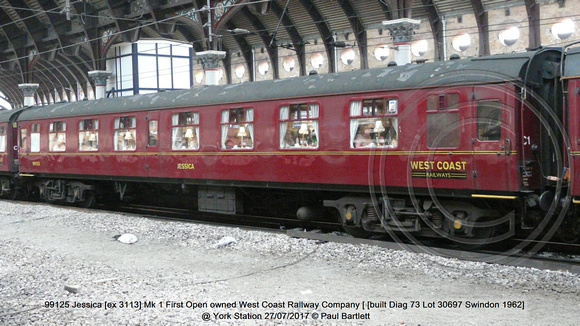 99125 Jessica [ex 3113] Mk 1 First Open West Coast Railway Company [ [built Diag 73 Lot 30697 Swindon 1962] @ York Station 2017-07-27 © Paul Bartlett [3w]