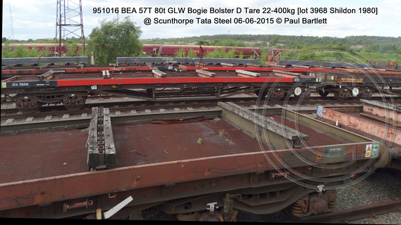 951016 BEA 80t GLW Bogie Bolster D [lot 3968 Shildon 1980] @ Scunthorpe Tata Steel 2015-06-06 © Paul Bartlett [1w]