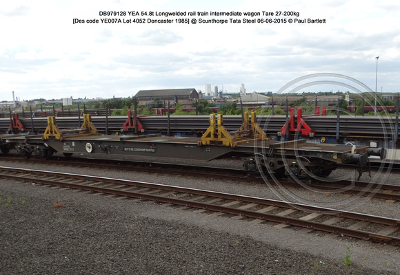 DB979128 YEA 54.8t Longwelded rail train intermediate wagon Tare 27-200kg @ Scunthorpe Tata Steel 2015-06-06 © Paul Bartlett [2w]