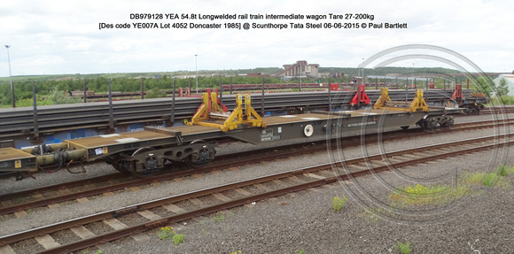 DB979128 YEA 54.8t Longwelded rail train intermediate wagon Tare 27-200kg @ Scunthorpe Tata Steel 2015-06-06 © Paul Bartlett [5w]