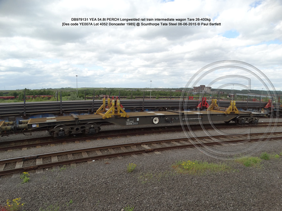 DB979131 YEA 54.8t PERCH Longwelded rail train intermediate wagon Tare 26-400kg @ Scunthorpe Tata Steel 2015-06-06 © Paul Bartlett [1w]