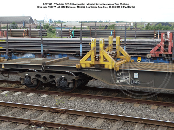 DB979131 YEA 54.8t PERCH Longwelded rail train intermediate wagon Tare 26-400kg @ Scunthorpe Tata Steel 2015-06-06 © Paul Bartlett [3w]