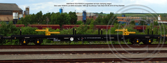 DB979410 YEA PERCH Longwelded rail train clamping wagon Lot 4045 @ Scunthorpe Tata Steel 2015-06-06 © Paul Bartlett [1w]