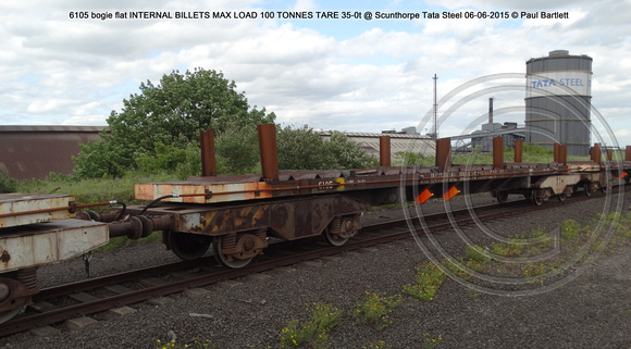6105 bogie flat INTERNAL BILLETS MAX LOAD 100 TONNES TARE 35-0t @ Scunthorpe Tata Steel 2015-06-06 © Paul Bartlett [3w]