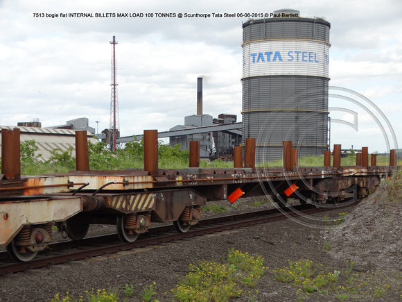 7513 bogie flat INTERNAL BILLETS MAX LOAD 100 TONNES @ Scunthorpe Tata Steel 2015-06-06 © Paul Bartlett [1w]
