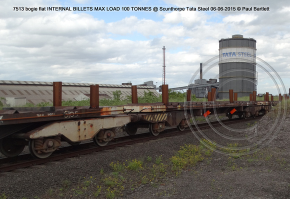 7513 bogie flat INTERNAL BILLETS MAX LOAD 100 TONNES @ Scunthorpe Tata Steel 2015-06-06 © Paul Bartlett [2w]