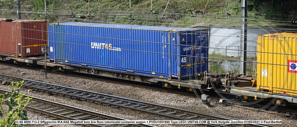 33 68 4909 713-2 Sffggmrrss IKA AAE Megafret twin low floor intermodal container wagon + PVDU1051960 Type LEG1 UNIT45.COM @ York Holgate Junction 2021-05-01 © Paul Bartlett w