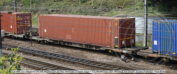 33 68 4909 713-2 Sffggmrrss IKA AAE Megafret twin low floor intermodal container wagon + TCLU4818842Type LEG1 TRITON @ York Holgate Junction 2021-05-01 © Paul Bartlett w
