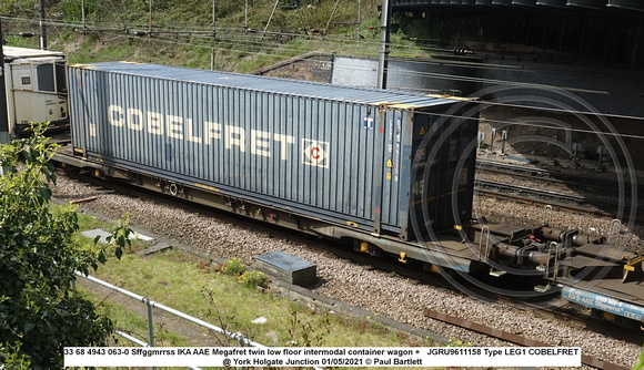 33 68 4943 063-0 Sffggmrrss IKA AAE Megafret twin low floor intermodal container wagon +   JGRU9611158 Type LEG1 COBELFRET @ York Holgate Junction 2021-05-01 © Paul Bartlett w