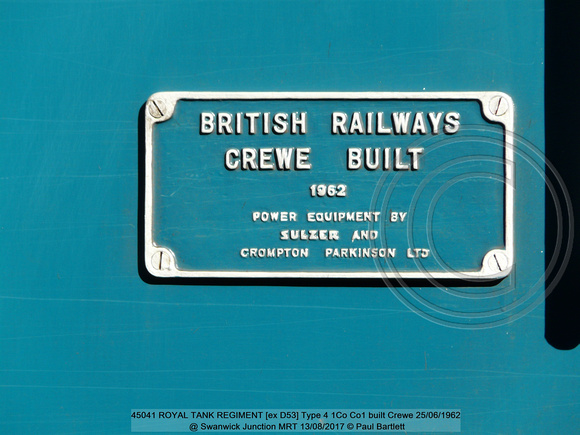 45041 ROYAL TANK REGIMENT [ex D53] Type 4 1Co Co1 built Crewe 1962-06 @ Swanwick Junction MRT 2017-08-12 © Paul Bartlett [6w]