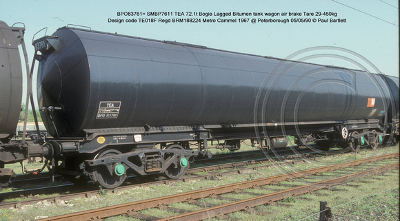 BPO83761= SMBP7611 TEA Bogie Lagged bitumen tank wagon AB Design code TE018F @ Peterborough 90-05-05 � Paul Bartlett w