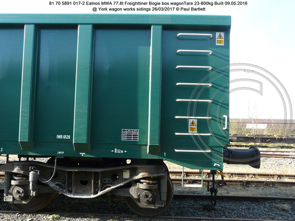 81 70 5891 017-2 Ealnos MWA 77.8t Freightliner Bogie box wagon 09.05.2016 @ York wagon works sidings 2017-03-26 © Paul Bartlett [8w]