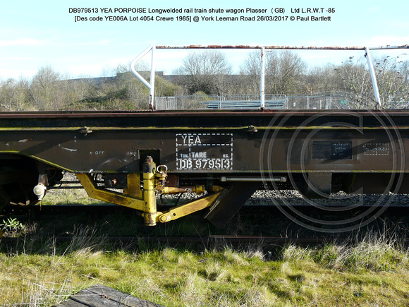 DB979513 YEA PORPOISE LRT shute wagon Plasser (GB) [Des code YE006A Lot 4054 Crewe 1985] @ York Leeman Road 2017-03-26 © Paul Bartlett [4w]