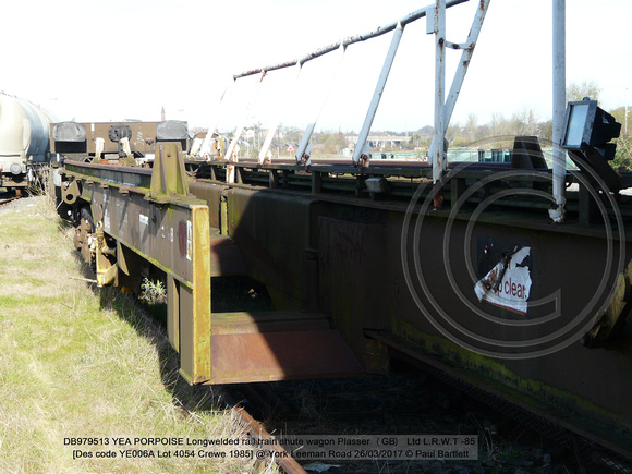 DB979513 YEA PORPOISE LRT shute wagon Plasser (GB) [Des code YE006A Lot 4054 Crewe 1985] @ York Leeman Road 2017-03-26 © Paul Bartlett [6w]