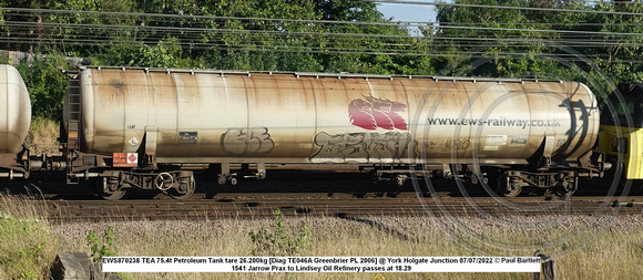 EWS870238 TEA 75.4t Petroleum Tank tare 26.200kg [Diag TE046A Greenbrier PL 2006] @ York Holgate Junction 2022-07-07 © Paul Bartlett [2w]