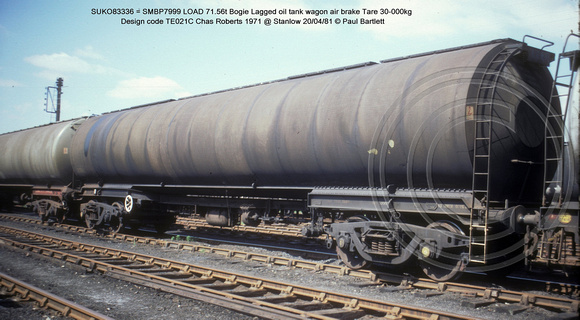 SUKO83336 = SMBP7999 Bogie Lagged oil tank wagonAB Design code TE021C @ Stanlow 81-04-20 � Paul Bartlett w