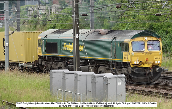 66510 Freightliner [classification JT42CWR built GM EMD no. 998145-5 Built 05-2000] @ York Holgate Sidings 2021-06-28 © Paul Bartlett [1w]