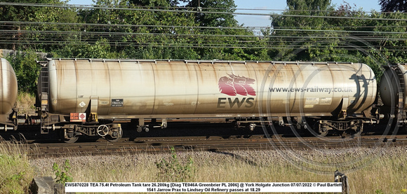 EWS870228 TEA 75.4t Petroleum Tank tare 26.200kg [Diag TE046A Greenbrier PL 2006] @ York Holgate Junction 2022-07-07 © Paul Bartlett w