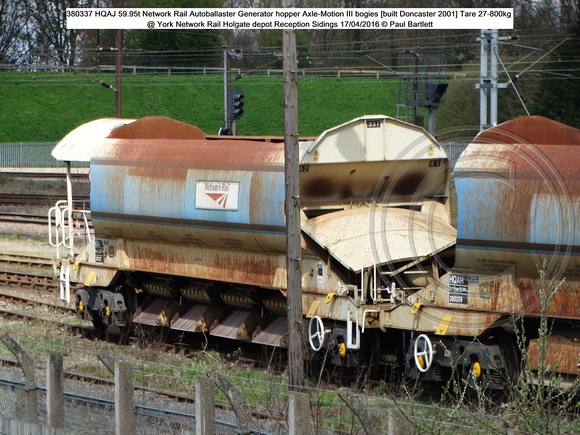 380337 HQAJ 59.95t Network Rail Autoballaster Generator hopper Axle-Motion III bogies [built Doncaster 2001] Tare 27-800kg @ York Network Rail Holgate depot Reception Sidings 2016-04-17 © Paul Bartlet