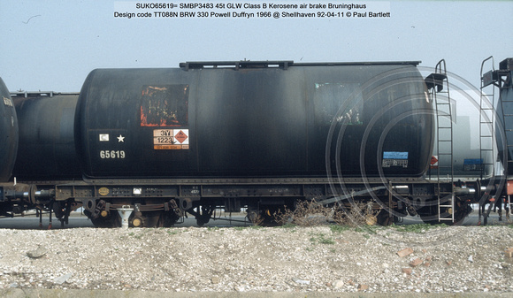 SUKO65619 = SMBP3483 45t GLW Class B Kerosene air brake Bruninghaus Design code TT088N BRW 330 Powell Duffryn 1966 @ Shellhaven 92-04-11 © Paul Bartlett W