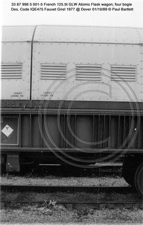 33 87 998 5 001-5 French 125.5t GLW Atomic Flask wagon four bogie Des. Code IQE475 Fauvet Girel 1977 @ Dover 89-10-01 © Paul Bartlett [08w]