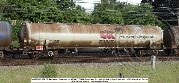 EWS870200 TEA 75t Petroleum Tank tare 26kg [Diag TE046A Greenbrier PL 2006] @ York Holgate Junction 2021-06-23 © Paul Bartlett w