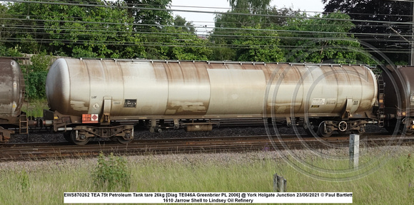 EWS870262 TEA 75t Petroleum Tank tare 26kg [Diag TE046A Greenbrier PL 2006] @ York Holgate Junction 2021-06-23 © Paul Bartlett w