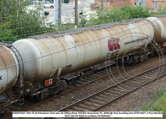 EWS870221 TEA 75.4t Petroleum Tank tare 26-200kg [Diag TE046A Greenbrier PL 2006] @ York Avoiding line 2021-07-07 © Paul Bartlett [1w]