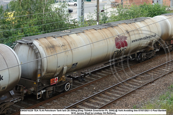 EWS870229 TEA 75.4t Petroleum Tank tare 26-200kg [Diag TE046A Greenbrier PL 2006] @ York Avoiding line 2021-07-07 © Paul Bartlett [2w]