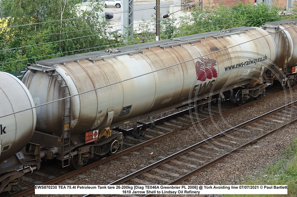 EWS870230 TEA 75.4t Petroleum Tank tare 26-200kg [Diag TE046A Greenbrier PL 2006] @ York Avoiding line 2021-07-07 © Paul Bartlett [1w]