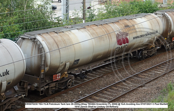 EWS870230 TEA 75.4t Petroleum Tank tare 26-200kg [Diag TE046A Greenbrier PL 2006] @ York Avoiding line 2021-07-07 © Paul Bartlett [2w]