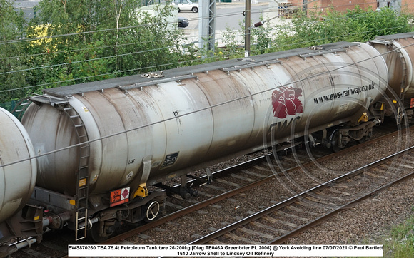EWS870260 TEA 75.4t Petroleum Tank tare 26-200kg [Diag TE046A Greenbrier PL 2006] @ York Avoiding line 2021-07-07 © Paul Bartlett [1w]