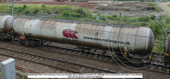 EWS870260 TEA 75.4t Petroleum Tank tare 26-200kg [Diag TE046A Greenbrier PL 2006] @ York Avoiding line 2021-07-07 © Paul Bartlett [3w]