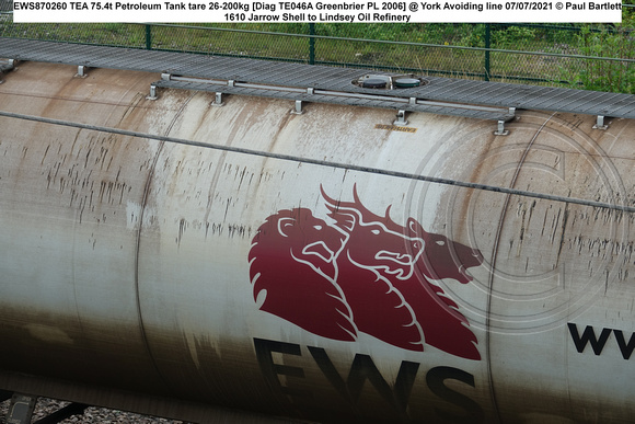 EWS870260 TEA 75.4t Petroleum Tank tare 26-200kg [Diag TE046A Greenbrier PL 2006] @ York Avoiding line 2021-07-07 © Paul Bartlett [5w]