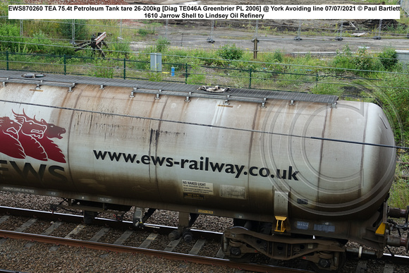 EWS870260 TEA 75.4t Petroleum Tank tare 26-200kg [Diag TE046A Greenbrier PL 2006] @ York Avoiding line 2021-07-07 © Paul Bartlett [4w]