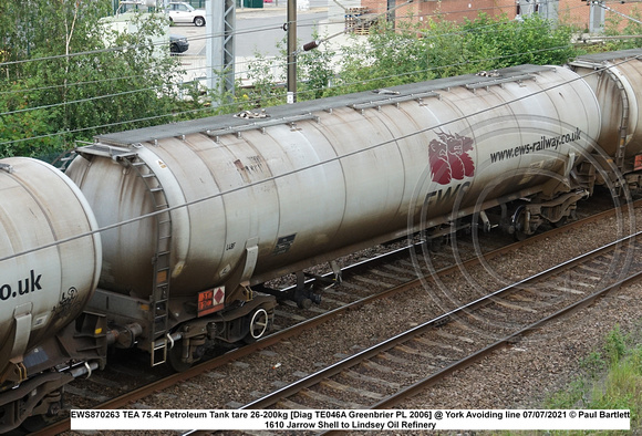 EWS870263 TEA 75.4t Petroleum Tank tare 26-200kg [Diag TE046A Greenbrier PL 2006] @ York Avoiding line 2021-07-07 © Paul Bartlett [2w]