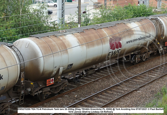 EWS870295 TEA 75.4t Petroleum Tank tare 26-200kg [Diag TE046A Greenbrier PL 2006] @ York Avoiding line 2021-07-07 © Paul Bartlett [1w]